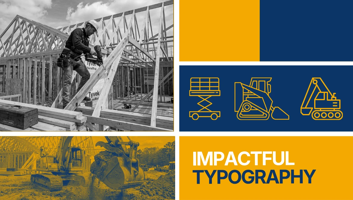 Avanza moodboard: construction photography, navy and yellow colour blocks, equipment icons and impactful typography