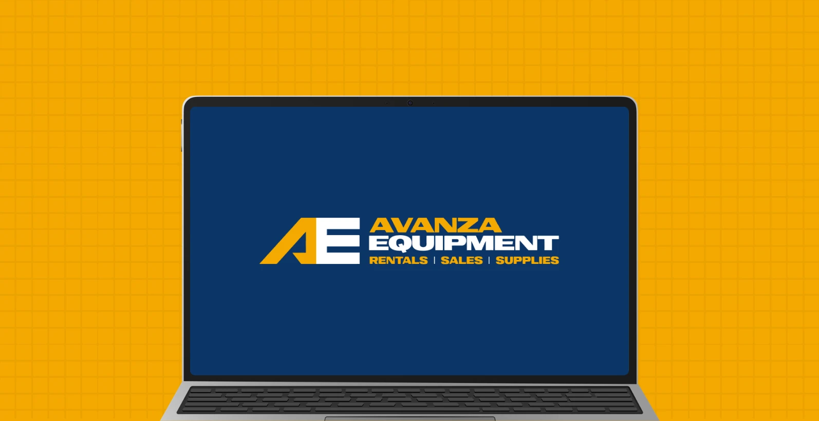 Laptop showing the Avanza Equipment logo on navy, against the yellow brand grid
