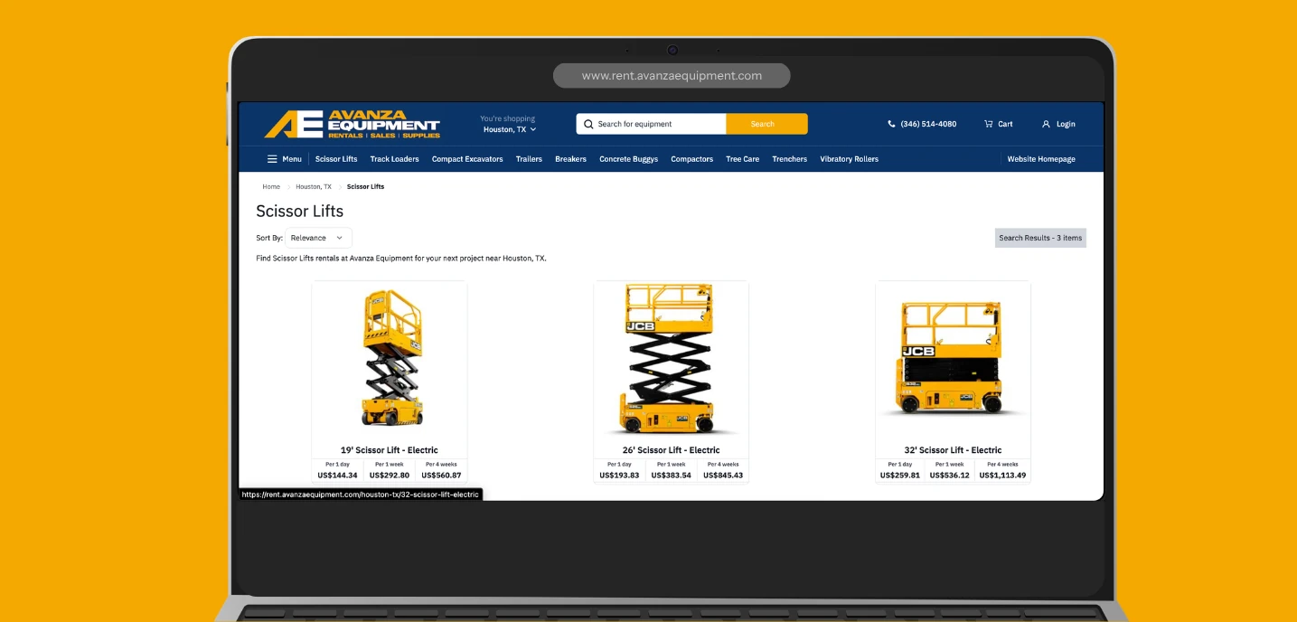 Avanza Equipment rental website showing scissor lifts on a laptop