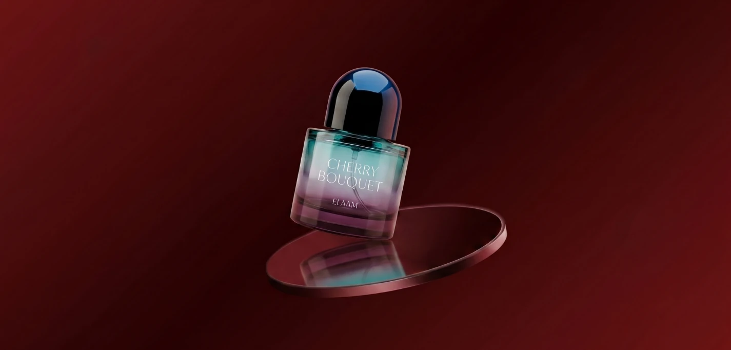 Elaam Cherry Bouquet bottle on a glass disc against deep red