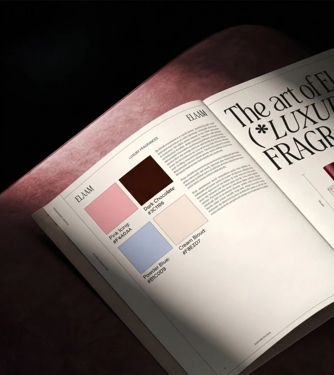 Elaam brand guidelines book open on the colour palette page