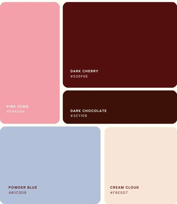 Elaam colour palette: Pink Icing, Dark Cherry, Dark Chocolate, Powder Blue, Cream Cloud