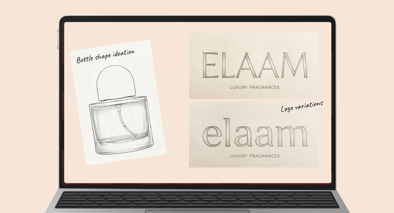 Bottle shape sketch and Elaam logo variations on a laptop screen