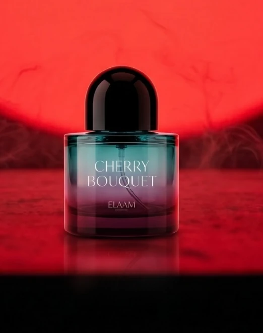 Elaam Cherry Bouquet bottle against a red glow
