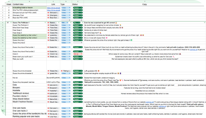 Oral Max viral trend content calendar spreadsheet